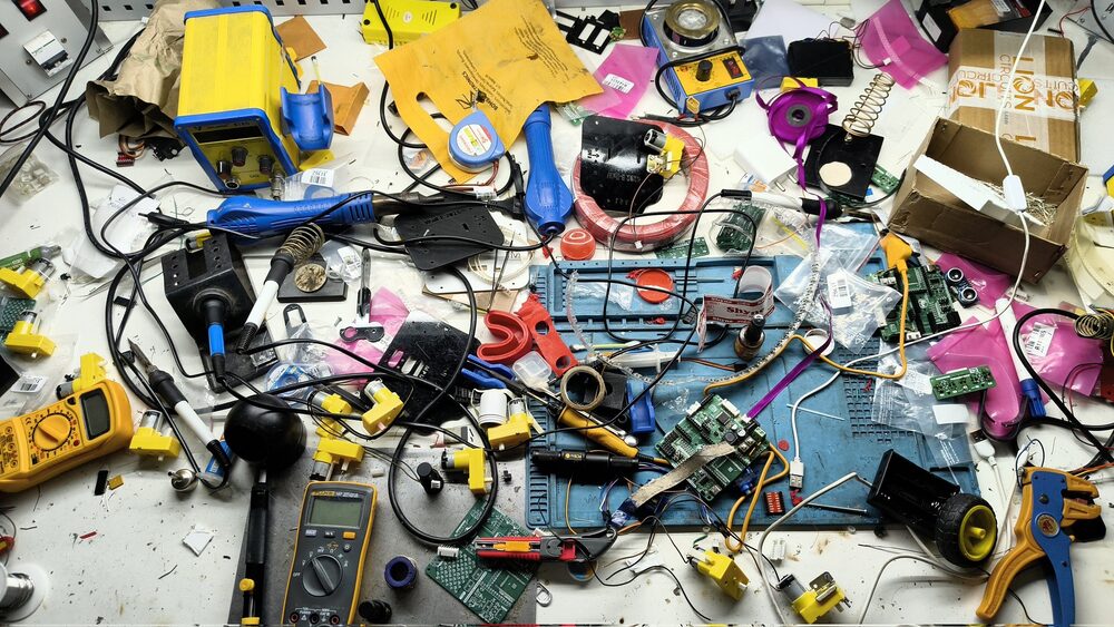 Cluttered electronics workbench